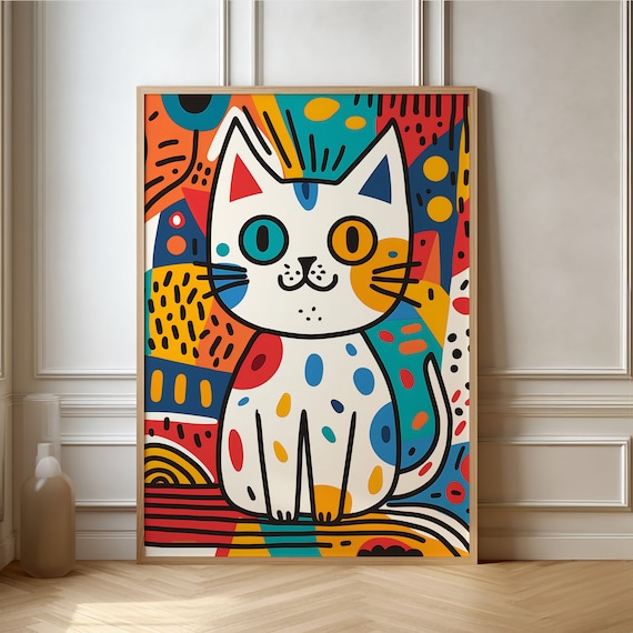 Colorful Pop Art Cat Doodle Whimsical Kitty Illustration Poster