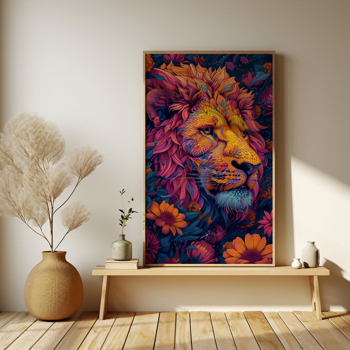 Vibrant Neon Lion With Flowers Bold Modern Jungle Art Poster - Image 2