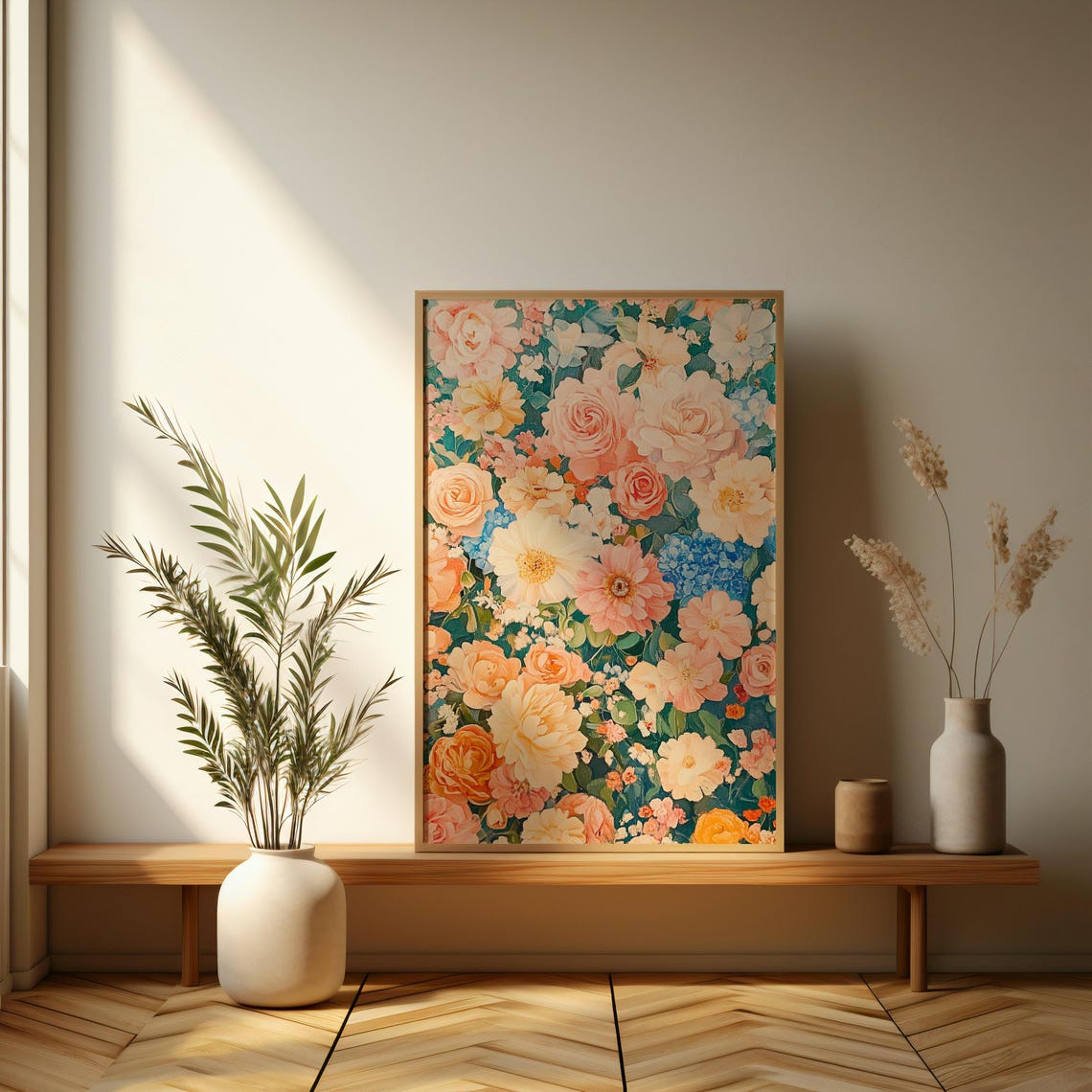 Peach Roses and Peonies Dense Floral Pattern Botanical Wall Poster - Image 3