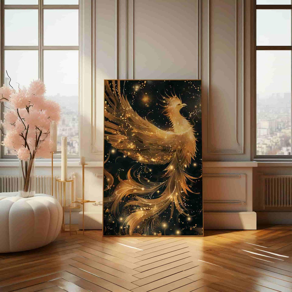 Golden Phoenix Rising Over a Starry Midnight Night Sky Art Poster - Image 3