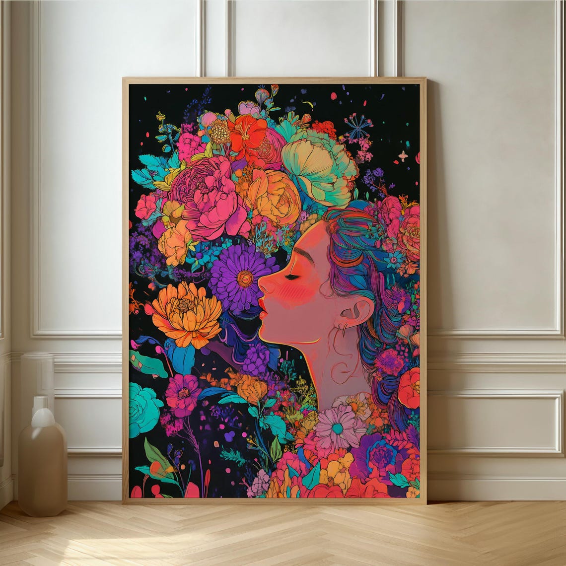 Neon Floral Woman Profile In Vibrant Pop Art Portrait Poster