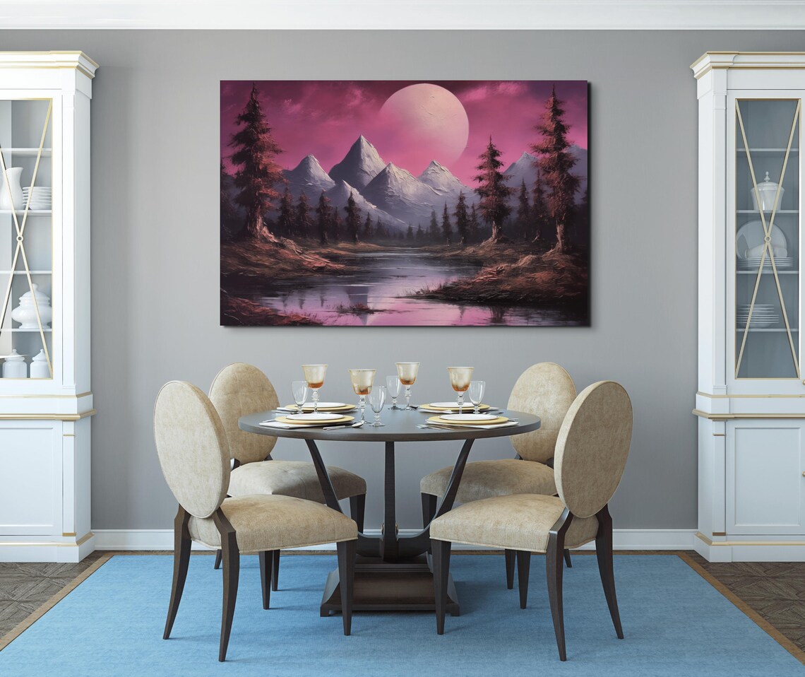 Snowy Mountains under Pink Moon Night Landscape Painting Poster - Image 2