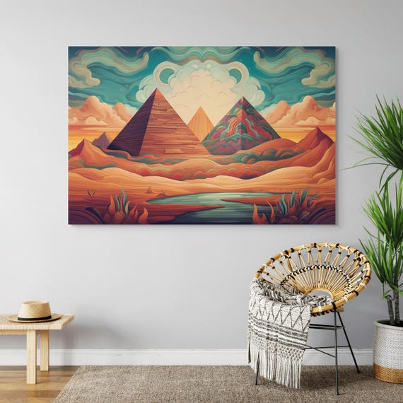 Egyptian Pyramids Surreal Sunset Wall Art Vibrant Desert Landscape Boho Decor