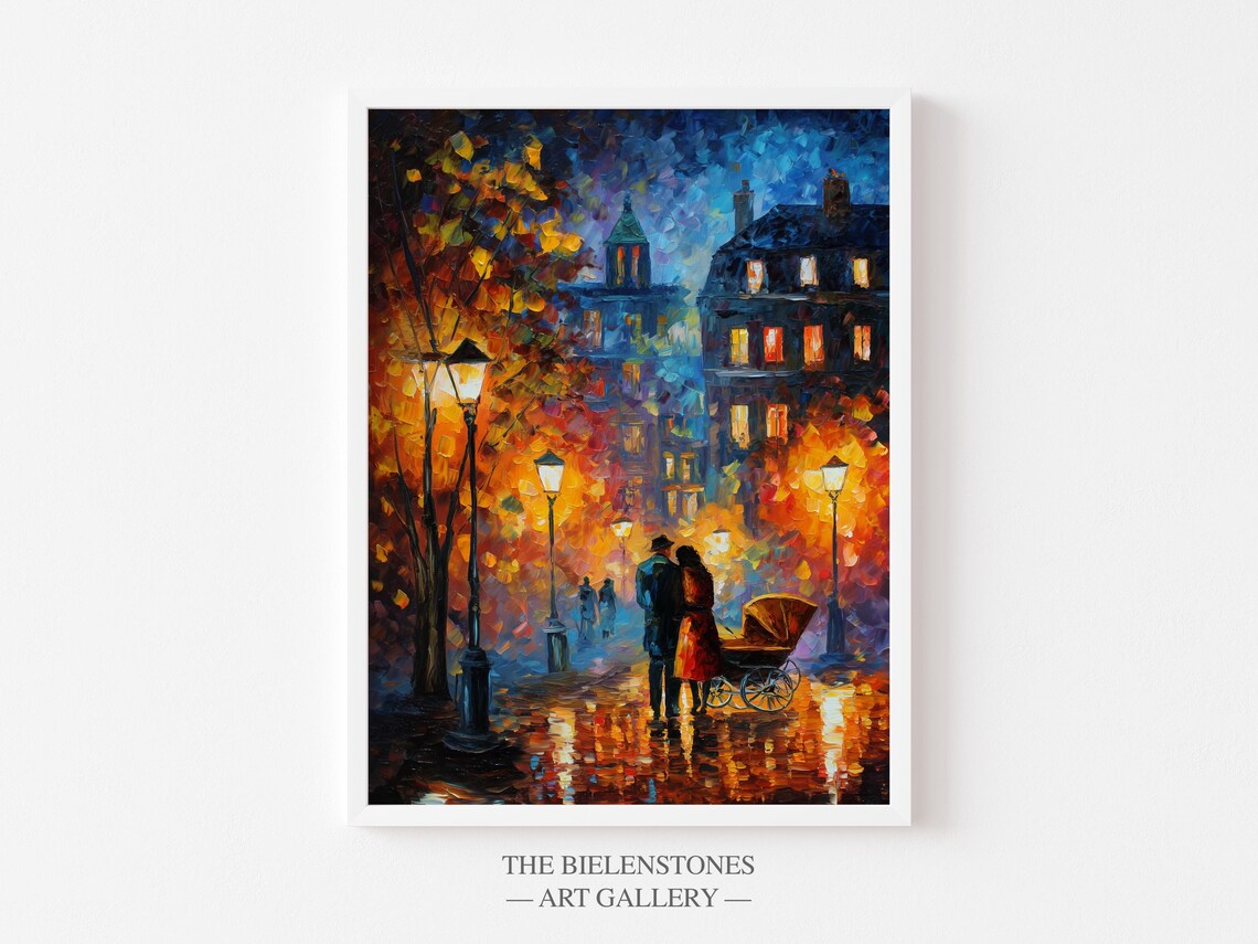 Family Night Walk Autumn Street Baby Stroller Impressionist Poster
