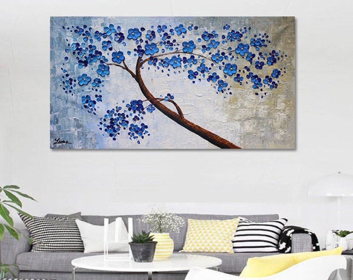 Cobalt Blue Flowering Branch On Icy Grey Textured Oil Paint Poster