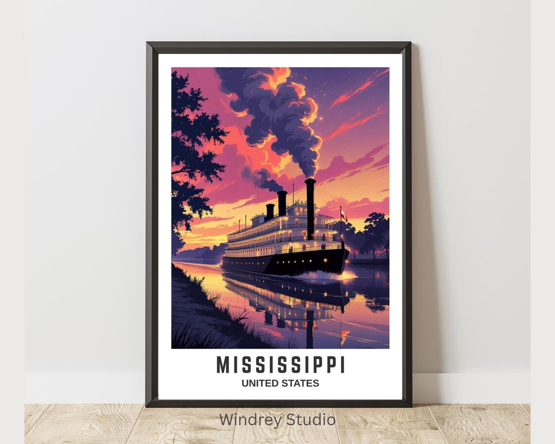 Mississippi River Steamboat Sunset Smoke Stacks Night Art Poster