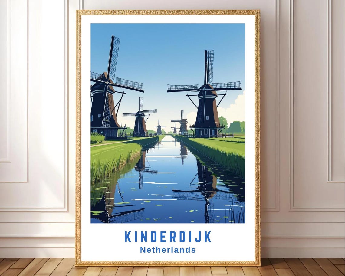 Kinderdijk Netherlands Windmills Canal Reflection Travel Art Poster