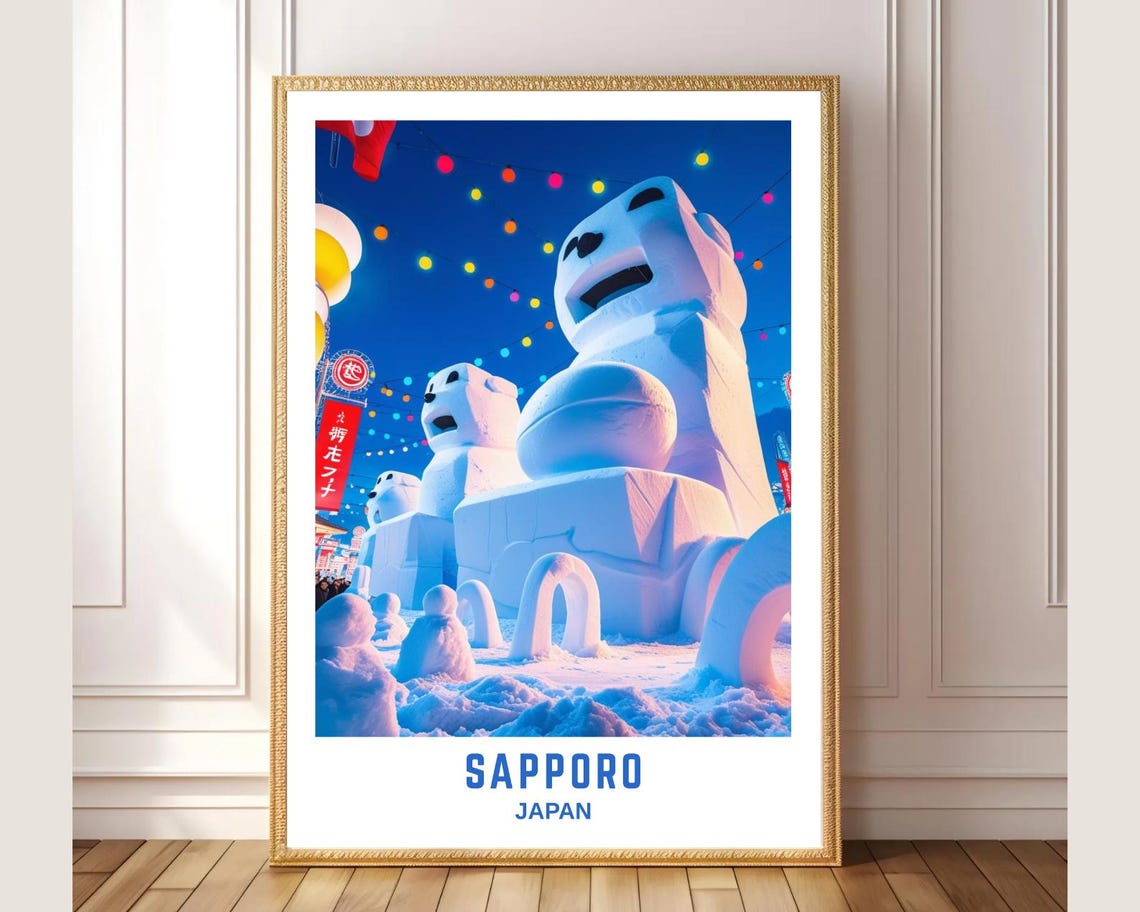 Sapporo Snow Festival Poster Japan Travel Wall Art Winter Wonderland Print Colorful Holiday Decor Japanese Cityscape Photography