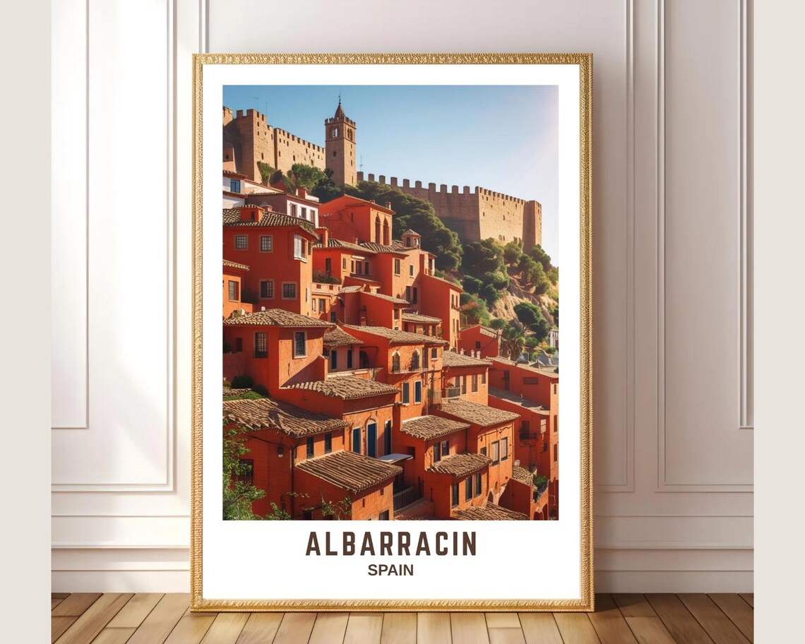 Albarracin Spain Terracotta Village Castle Hill Old Town Art Poster