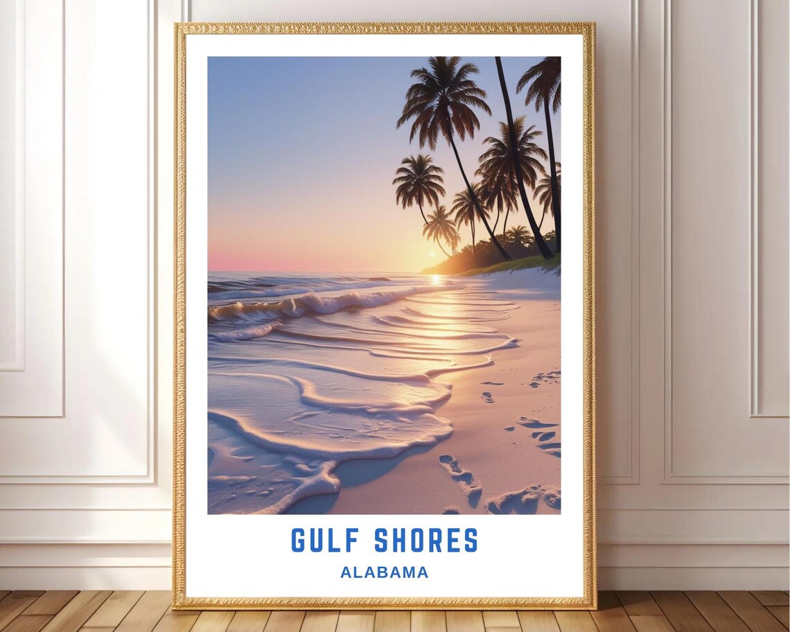 Gulf Shores Alabama Sunset Beach Palm Tropical Travel Poster
