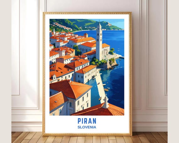 Piran Slovenia Travel Poster Vintage Coastal Wall Art Mediterranean Seaside Print European Architecture Illustration