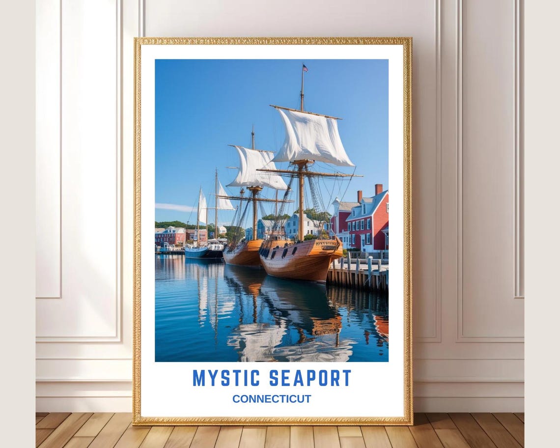 Mystic Seaport Connecticut Tall Ship Harbor Sailing Vintage Poster