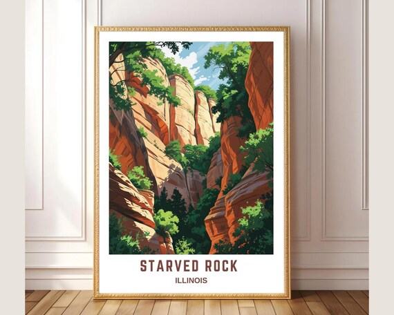 Starved Rock Illinois Sandstone Canyon Waterfall Green Cliff Poster