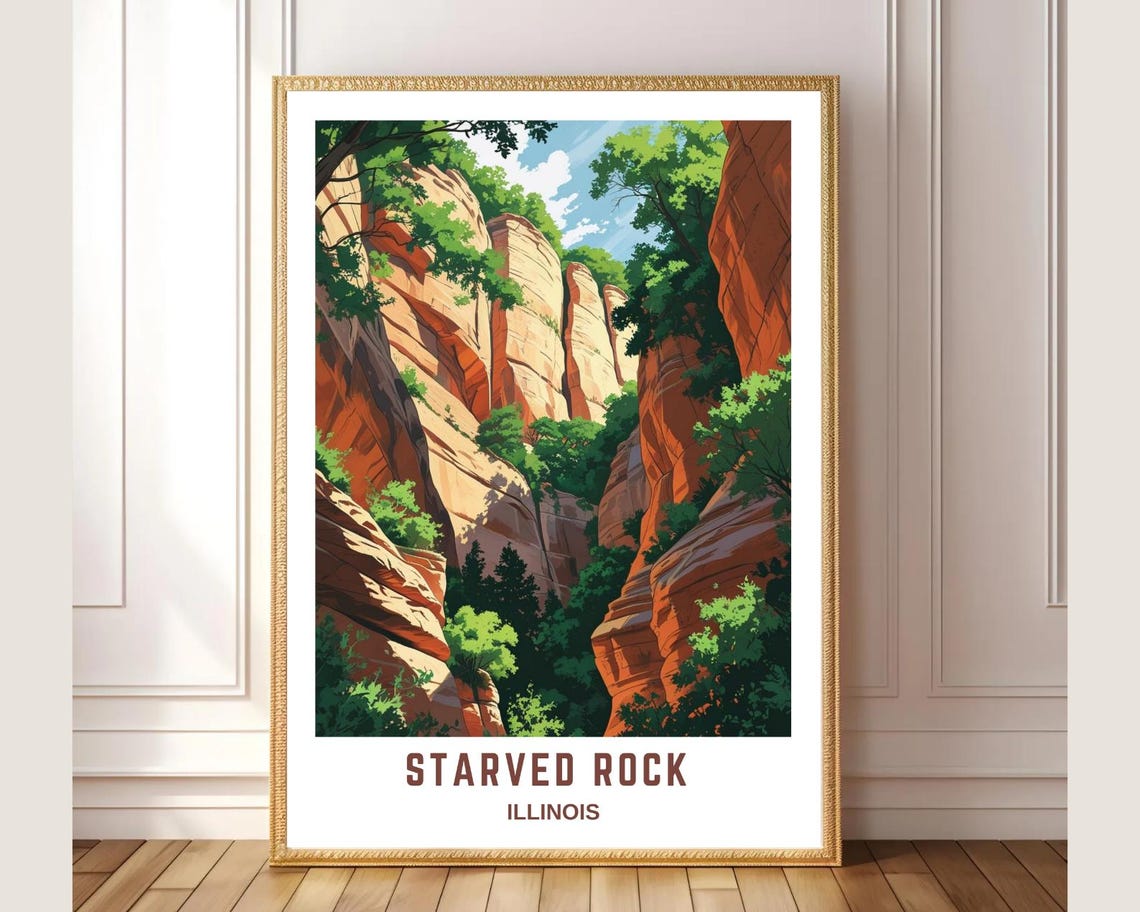 Starved Rock Illinois Sandstone Canyon Waterfall Green Cliff Poster
