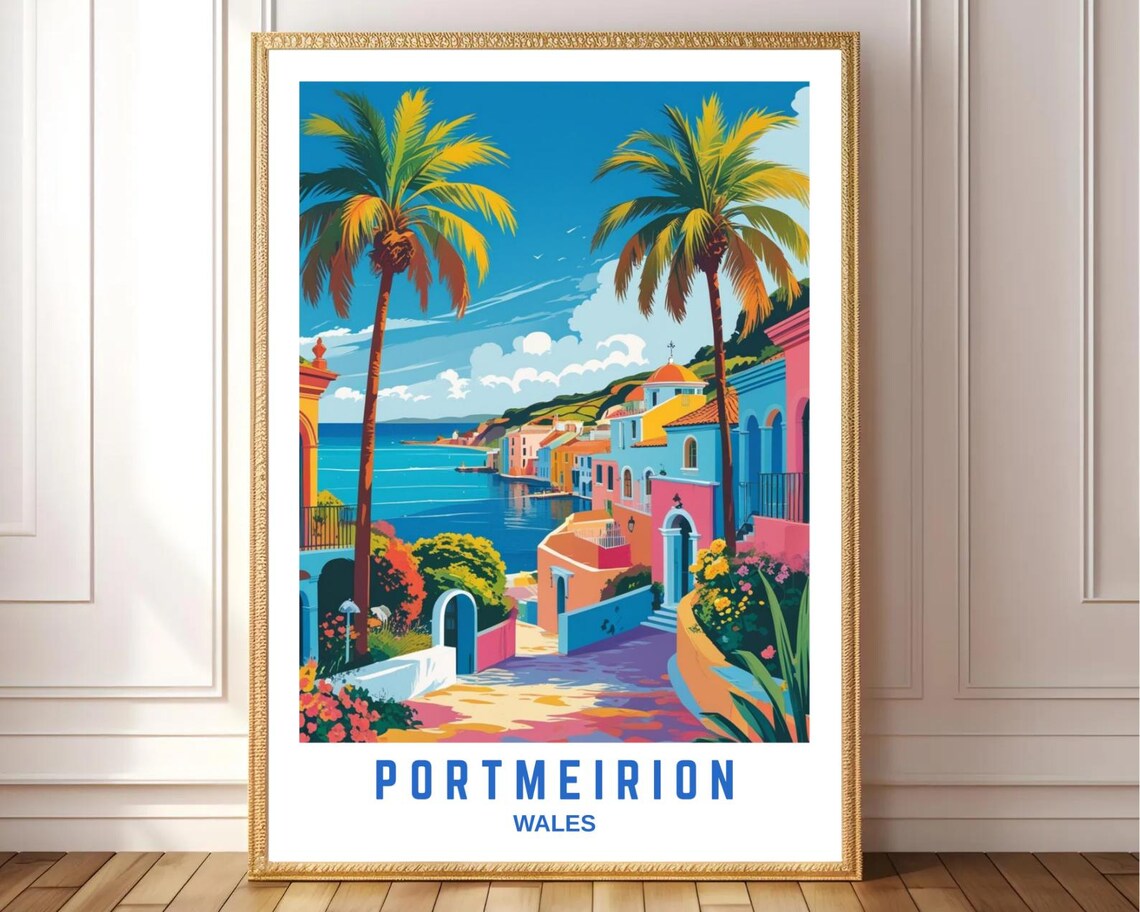 Portmeirion Wales Colorful Mediterranean Village Palms Travel Poster