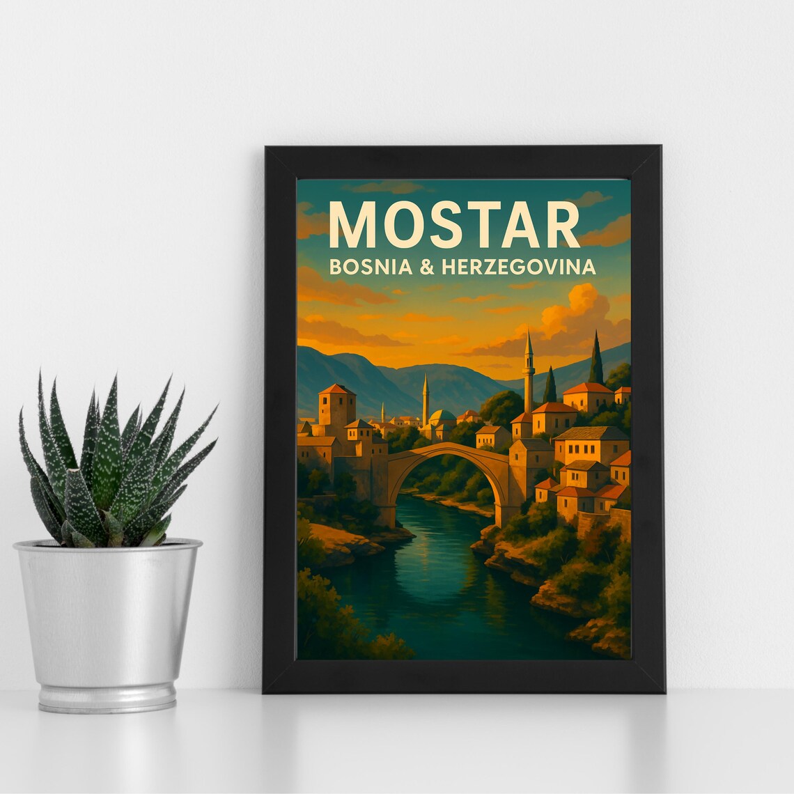 Mostar Bosnia Herzegovina Stari Most Old Bridge Sunset Travel Poster