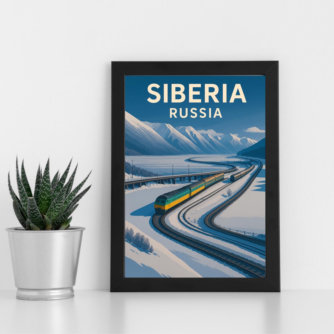 Siberia Russia Snowy Train Through Mountains Winter Scene Poster
