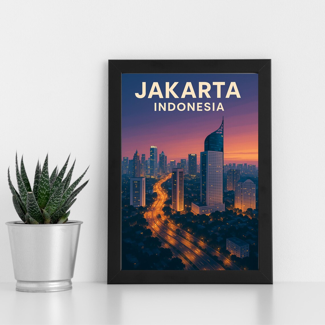 Jakarta Indonesia Skyline Dusk Golden Highway Travel Art Poster
