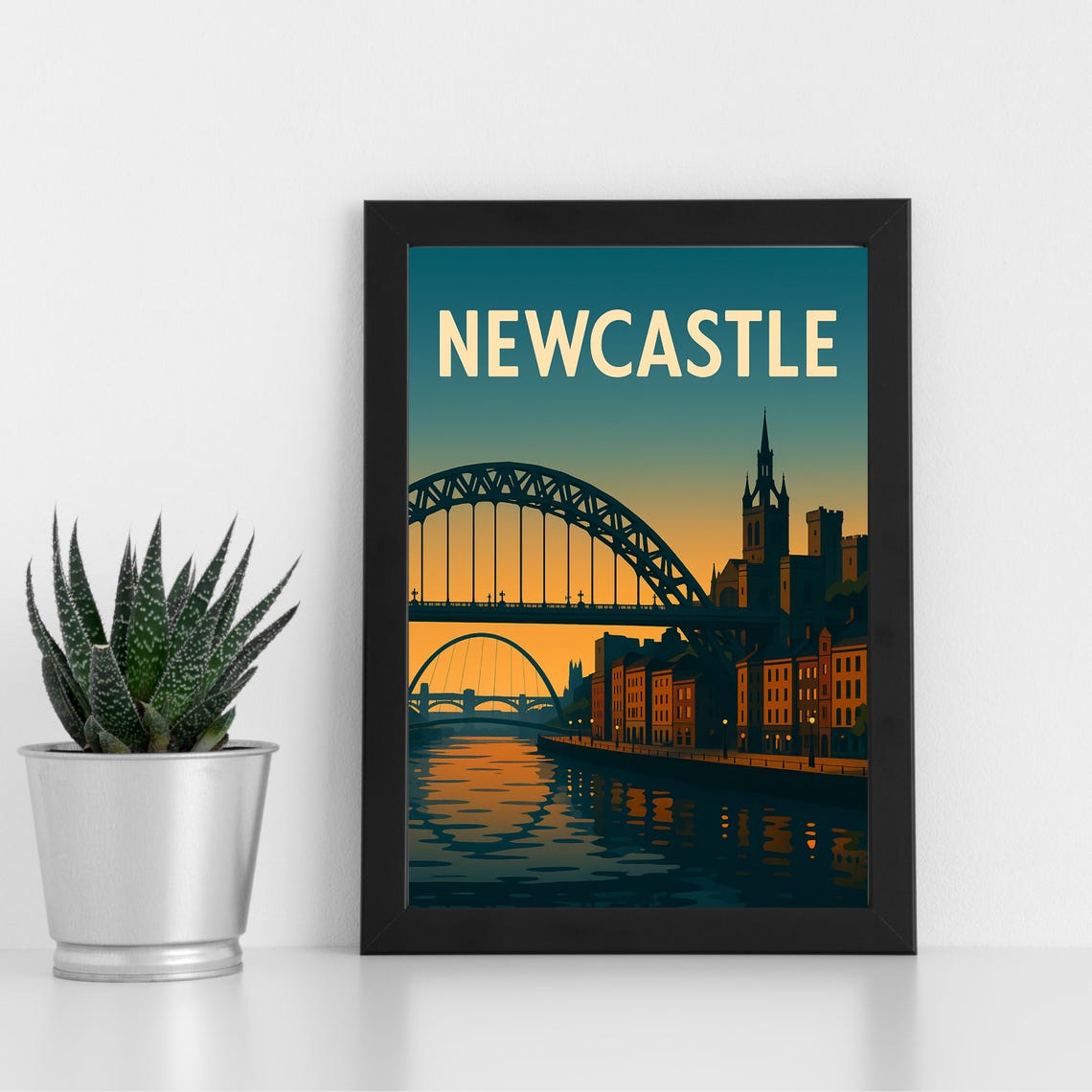 Newcastle England Vintage Sunset Travel Poster Tyne Bridge Quayside