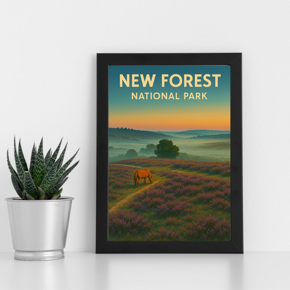 New Forest National Park Vintage Horse Heather Sunrise Poster