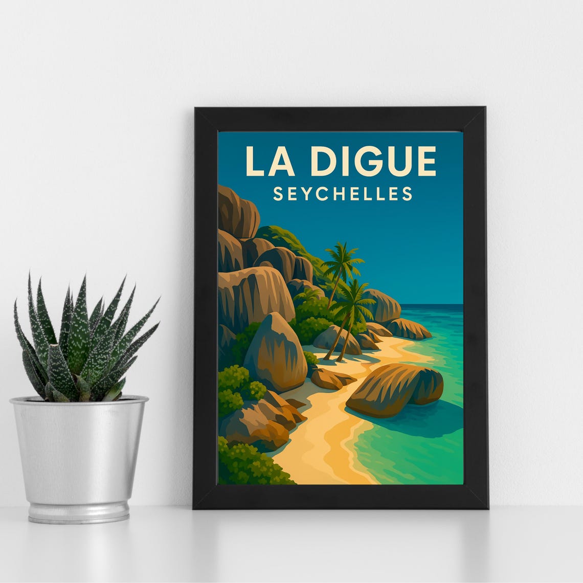 La Digue Seychelles Tropical Beach Granite Boulders Travel Poster