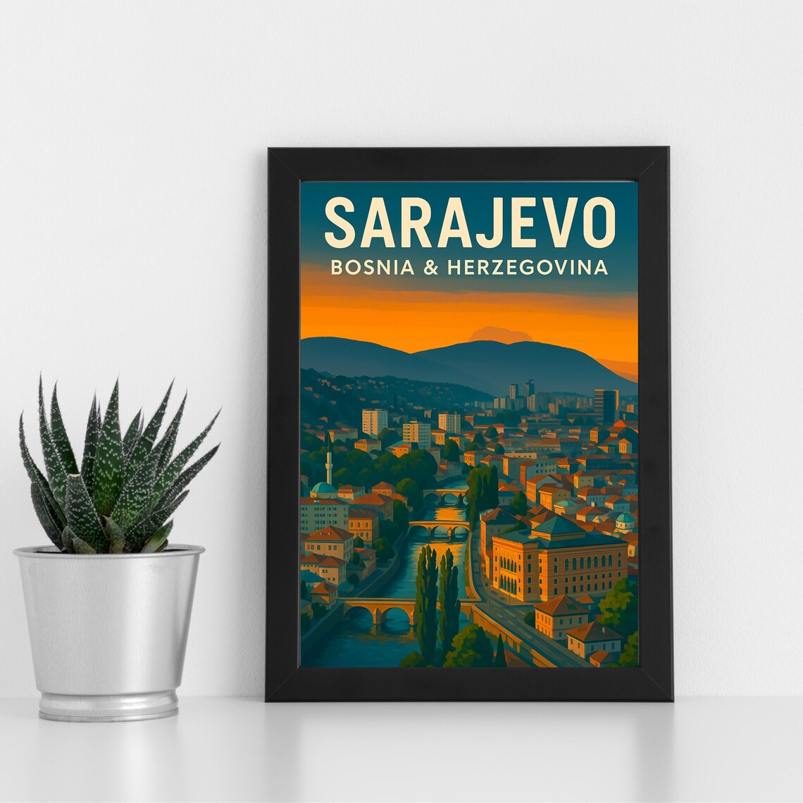 Sarajevo Bosnia Herzegovina Riverside Old City Sunset Travel Poster