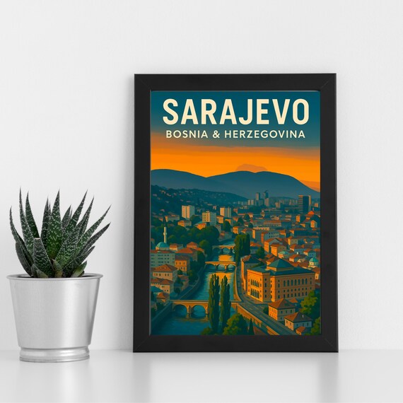 Sarajevo Bosnia Herzegovina Riverside Old City Sunset Travel Poster