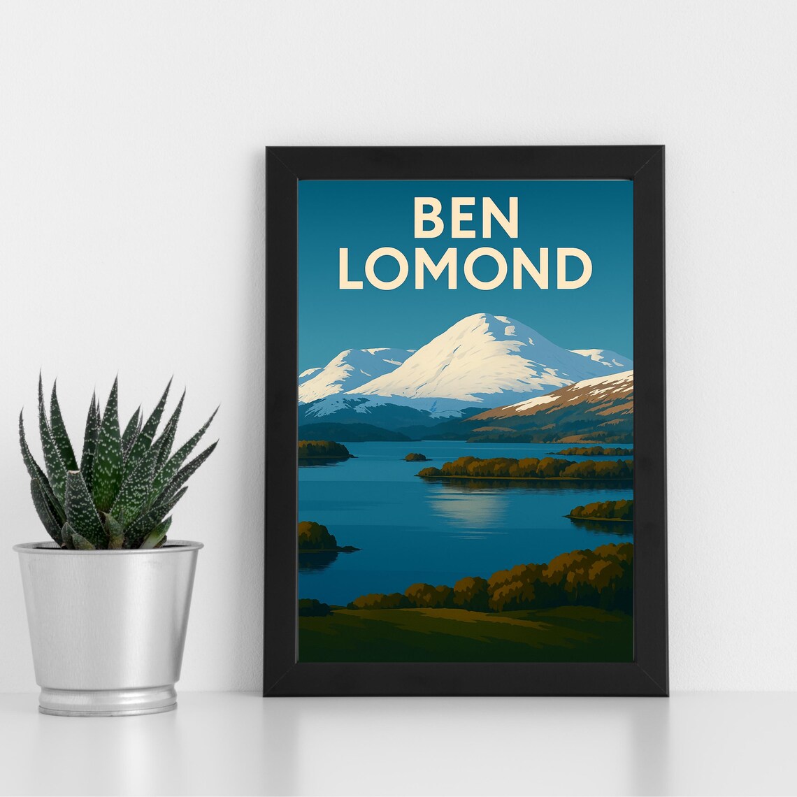 Ben Lomond Snowy Peak Over Blue Loch Islands Vintage Travel Poster