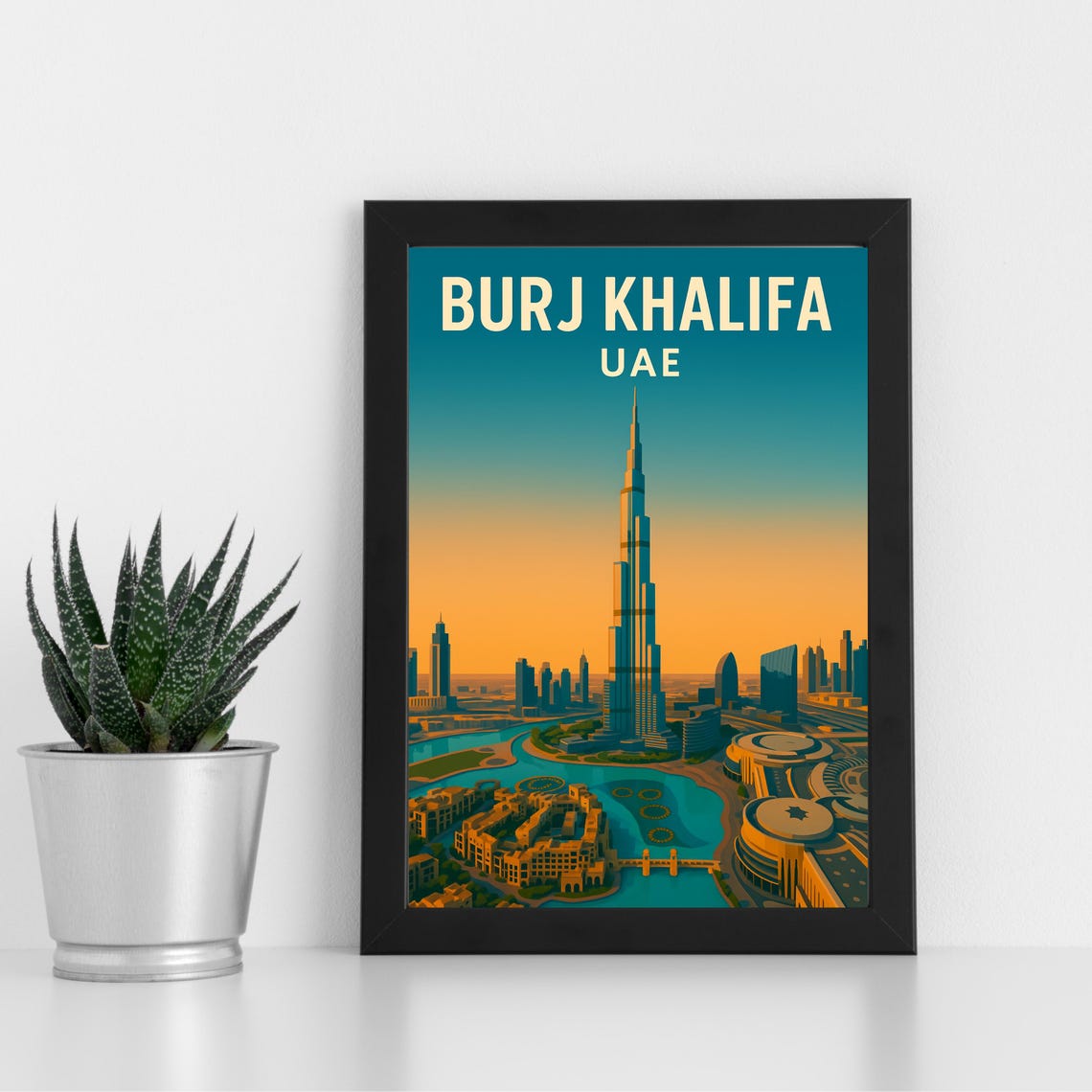 Burj Khalifa Dubai UAE Tower Golden Sunset Vintage Travel Poster