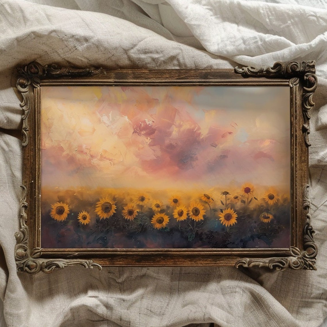 Sunflower Field at Sunset Golden Hour Floral Landscape Wall Poster