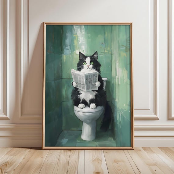 Tuxedo Cat Bathroom Art Print, Funny Toilet Wall Decor