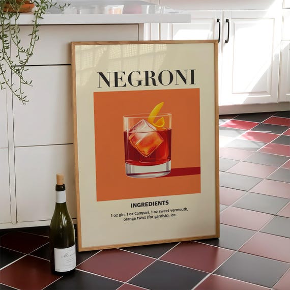 Negroni Cocktail Print Party Drink Wall Art Poster Trendy Retro Kitchen Bar Cart Digital File