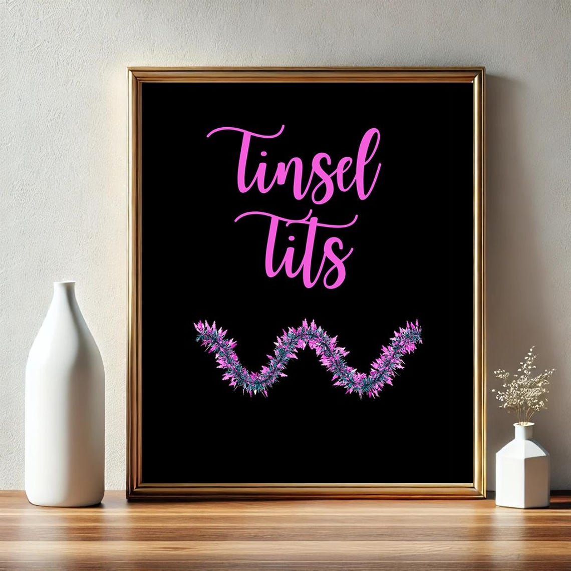 Tinsel Tits Pink Sarcastic Neon Christmas Party Humor Poster