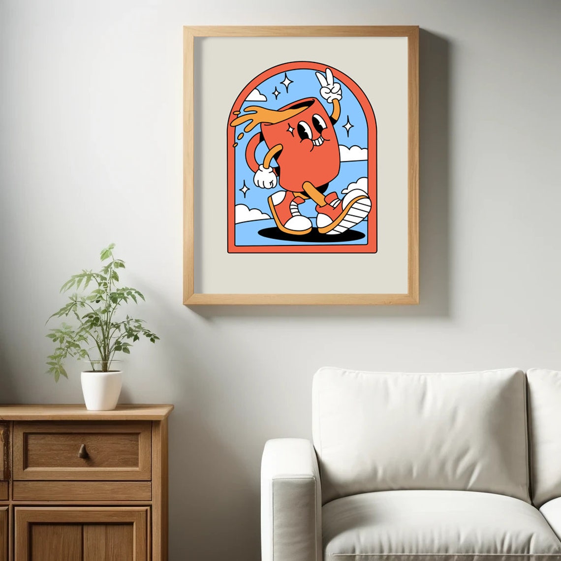A Retro Dancing Coffee Cup Cartoon Mascot Kitchen Cafe Wall Art - Image 2