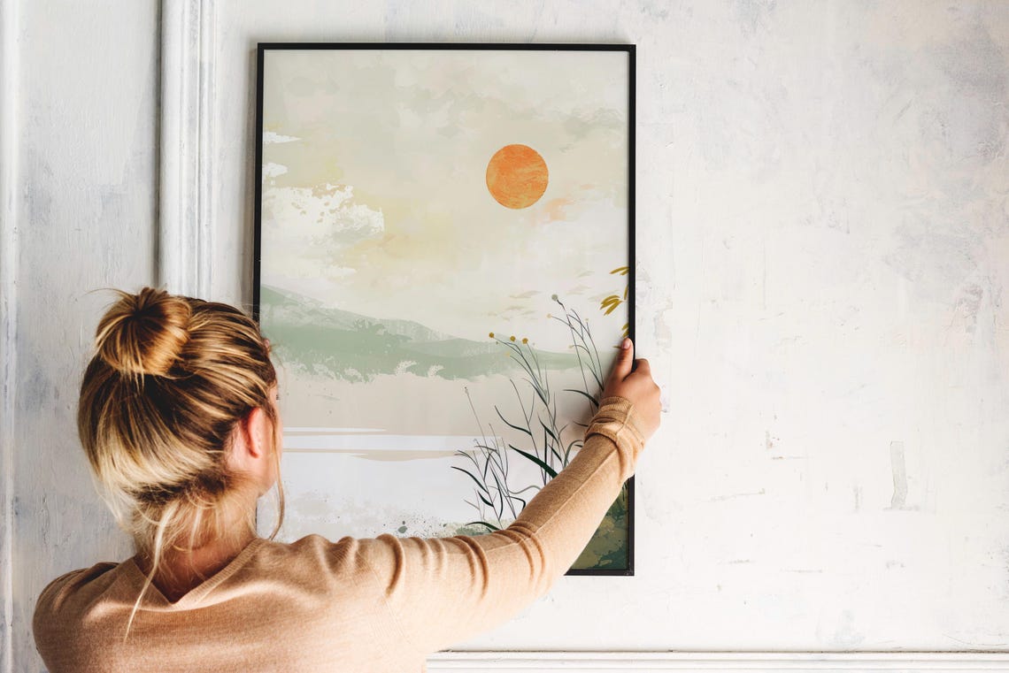 Japanese Sunrise Reeds Lake Minimalist Watercolor Landscape Poster - Image 2
