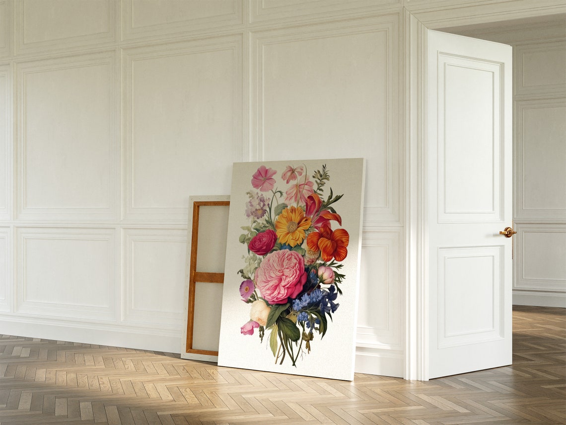 Pink Peony Wildflower Bouquet Vintage Botanical White Canvas Wall Art - Image 3