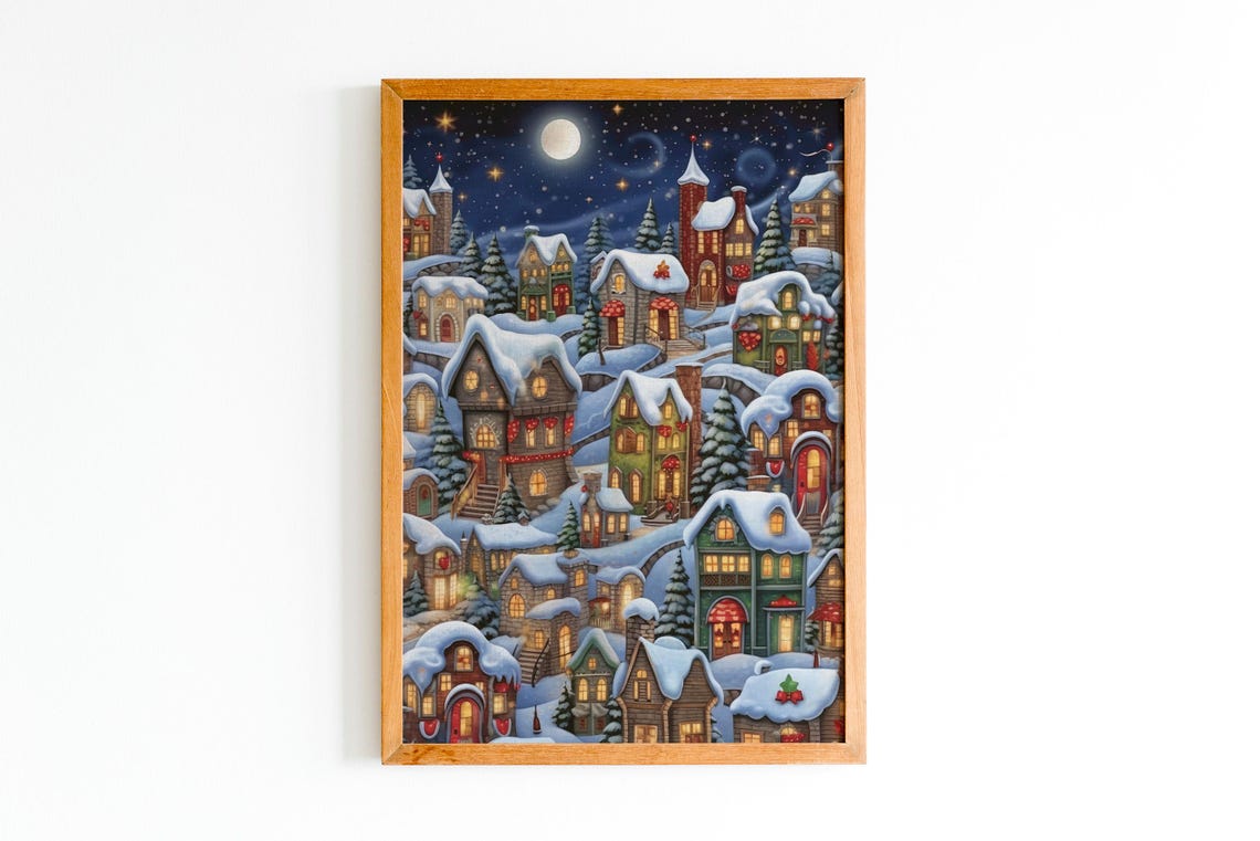 Snowy Christmas Village Night Moon Wooden Frame Holiday Poster