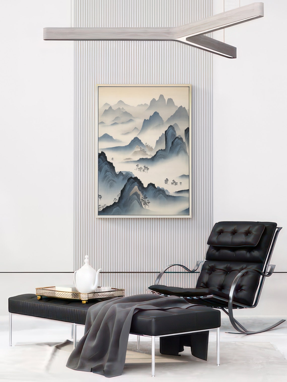 Japanese Blue Mountain Peaks Mist Ink Wash Zen Landscape Poster - Image 2