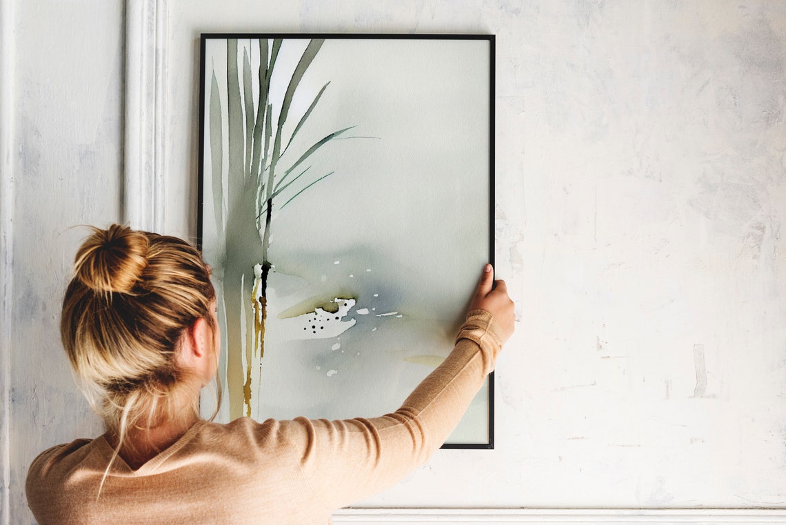 Abstract Watercolor Reeds Sage Green Gold Minimalist Botanical Poster - Image 2