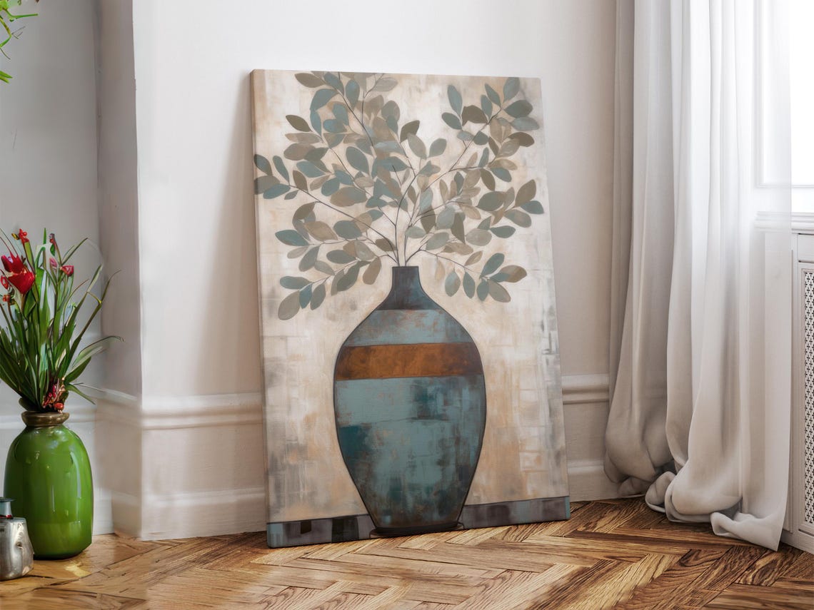 Blue Ceramic Vase Eucalyptus Stems Minimalist Modern Wall Art - Image 3