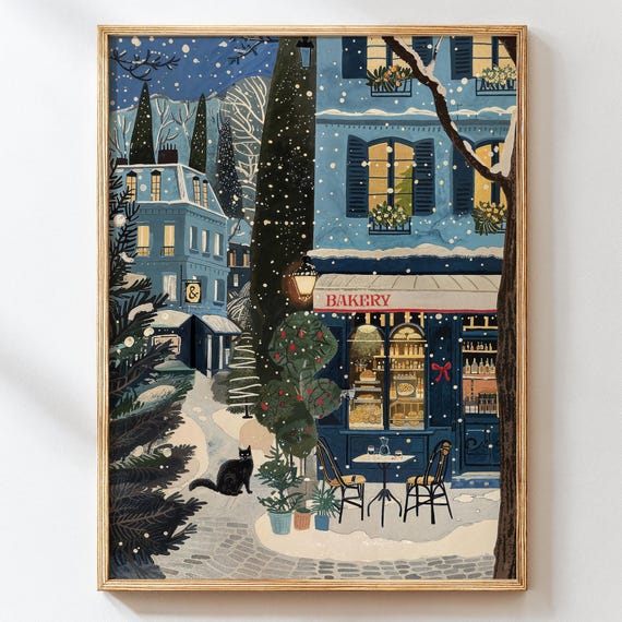Christmas Bakery Print Black Cat Cafe Art Winter Illustration Cozy Holiday Wall