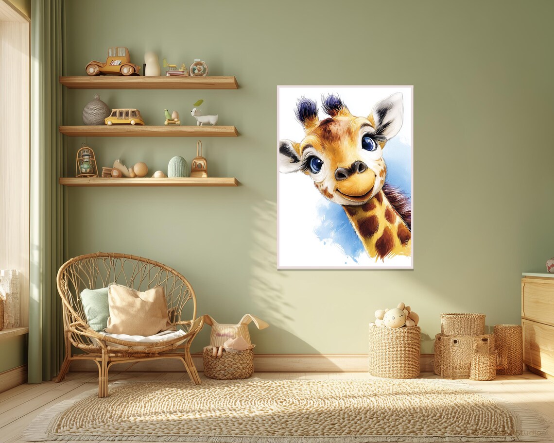 Smiling Baby Giraffe Nursery Poster Watercolor Cute Kids Room Art