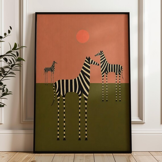 Abstract Zebra Family Wall Art African Landscape Print Minimalist Safari Decor Digital Download
