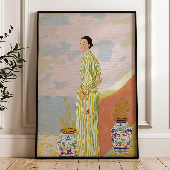 Colorful Striped Dress Woman Seaside Ceramic Pots Coastal Wall Art