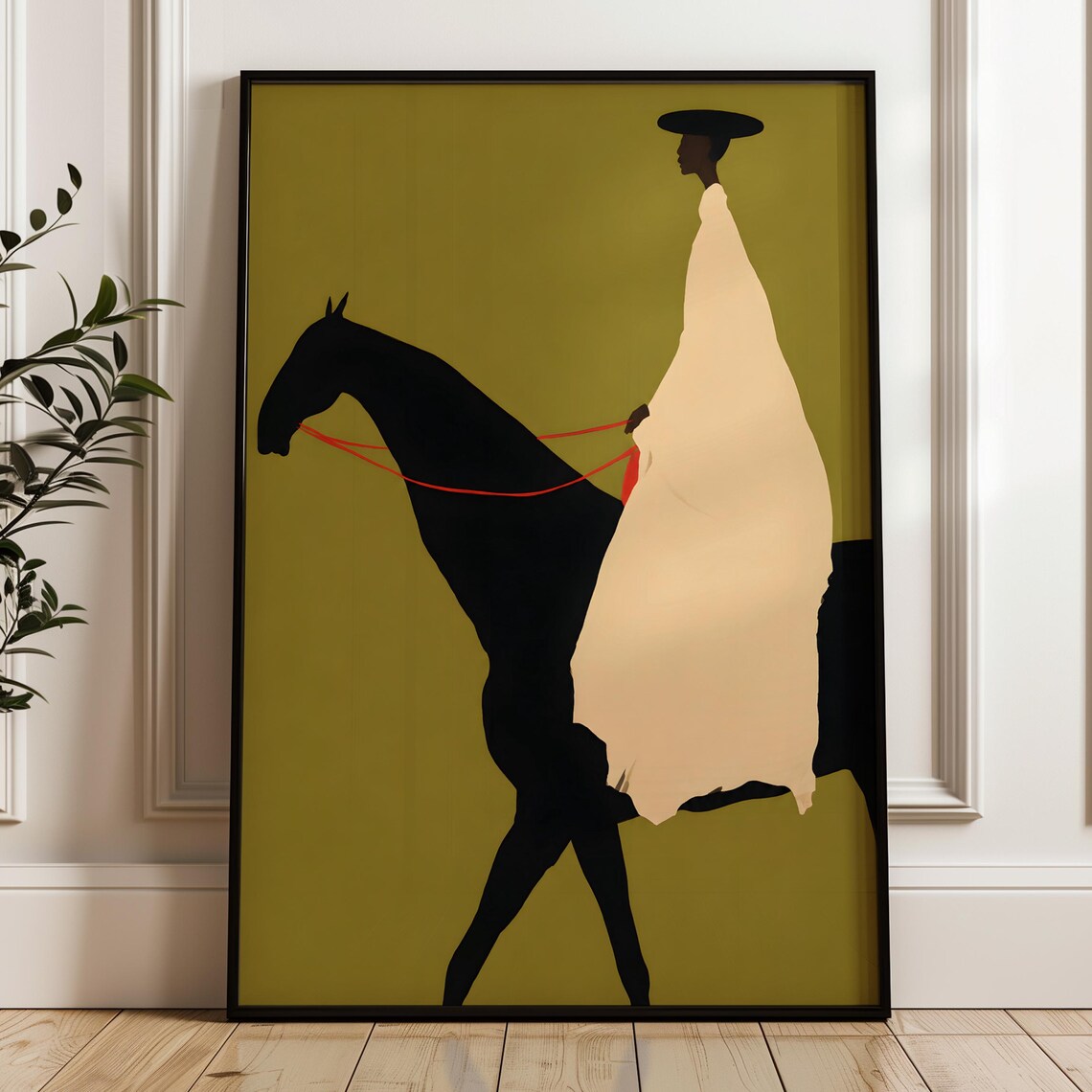 Tall Figure In Cream Robe Riding Black Horse Minimalist Equestrian Poster