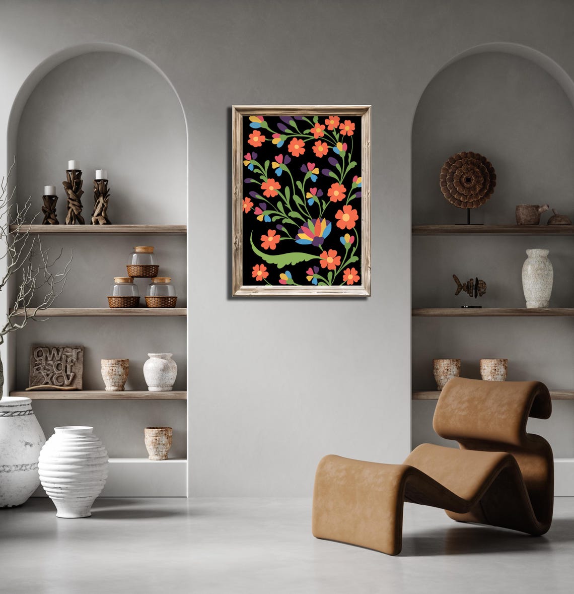 Vibrant Folk Floral Pattern Bright Blossoms on Black Wall Poster - Image 2