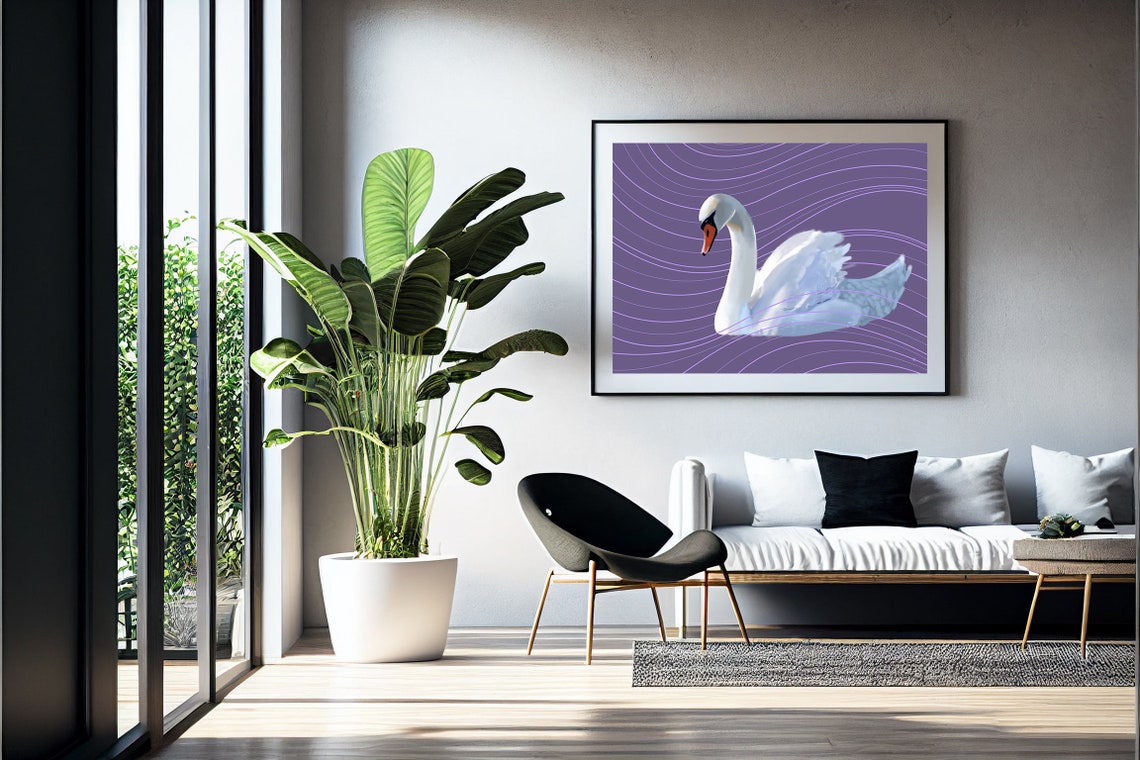 Elegant White Swan on Purple Wavy Line Background Wall Poster - Image 4