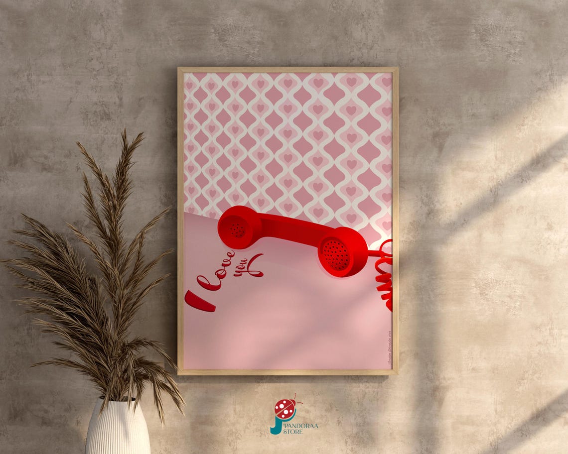 Retro Red Telephone I Love You Script on Pink Heart Pattern Poster