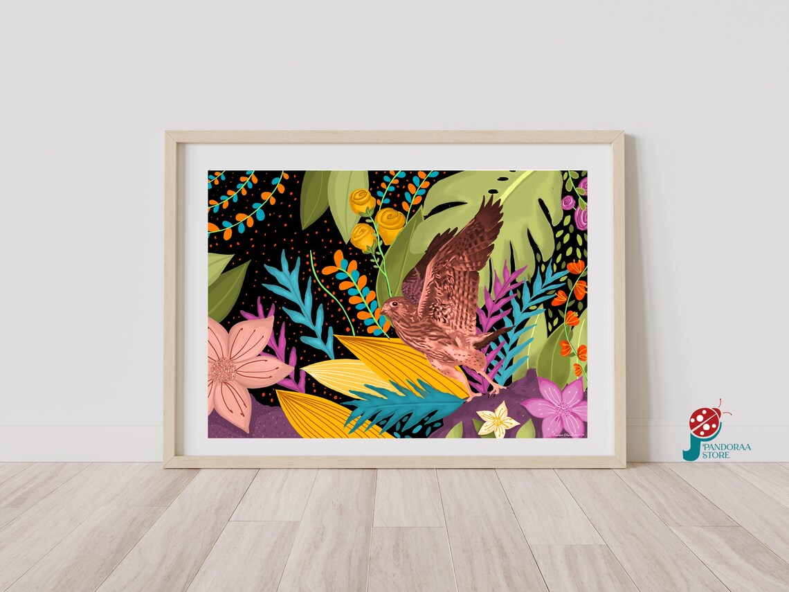 Colorful Bird of Prey Tropical Floral Bloom Bold Eclectic Print