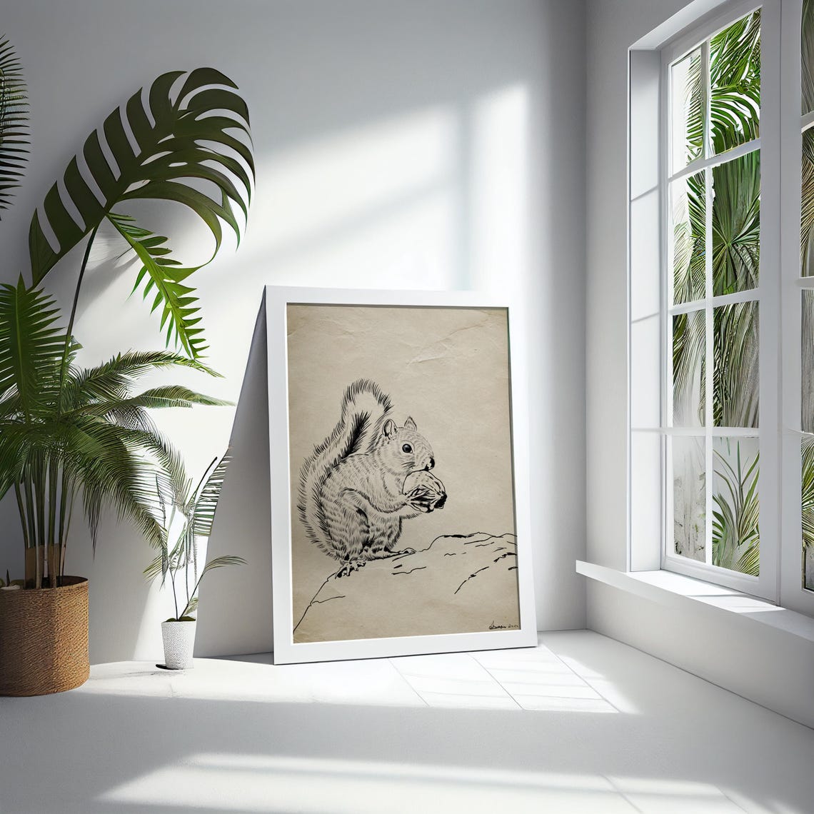 Vintage Monochrome Squirrel Holding Nut Sketch on Aged Paper Poster - Image 5